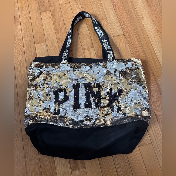 PINK Victoria's Secret Handbags - PINK Victoria's Secret Black and Gold Sequin Tote